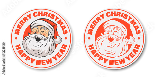 Vector Paper Round Paper Sticker Set with Cute Funny Smiling Peeking Santa Claus Head Icon. Design Template for Holiday Merry Christmas and Happy New Year Greeting Cards, Stickers, Banners, Gifts