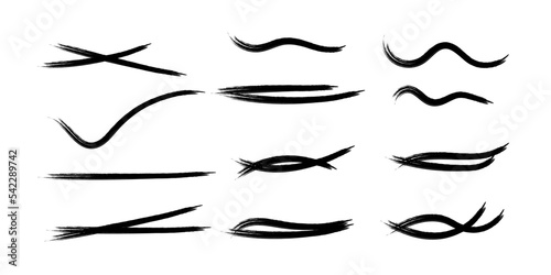 A set of strikethrough underlines. Brush stroke markers collection. Vector illustration of crossed scribble lines isolated on white background