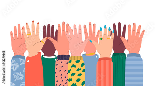 Set of hands raised up. Human hands different skin colors. Human arms with accessories rising together. International volunteer community.