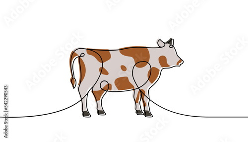 Cow one line colored continuous drawing. Bull symbol. Farm animal continuous colorful one line illustration. Vector minimalist linear illustration.