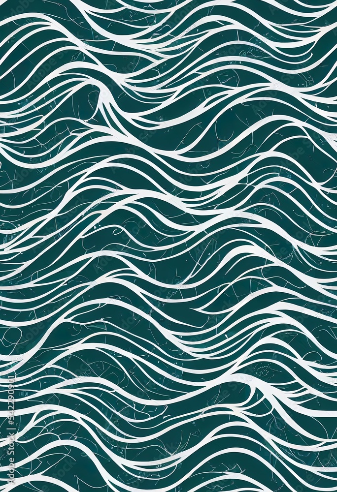 2d illustrated seamless pattern with handdrawn waves. Decorative illustration of the sea or ocean stormy waves with breakers of sea foam. Repeating background in retro style