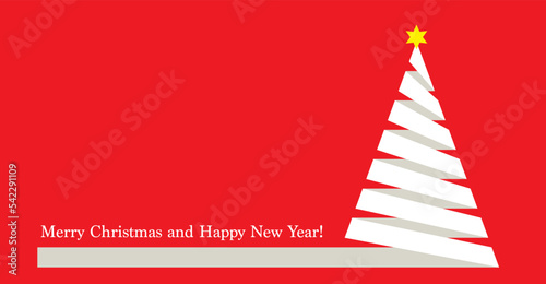 Weihnachtsbaum, Tannenbaum, Christbaum aus Schleife in rot weiß,
Weihnachtskarte mit Wünsche in englisch,
Vektor Illustration isoliert auf weißem Hintergrund
