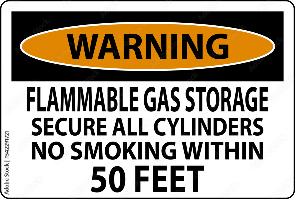 Warning Sign Flammable Gas Storage, Secure All Cylinders, No Smoking Within 50 Feet