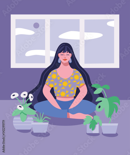 Meditating woman in serene setting with plants. Yoga. Mindfulness. Self care.