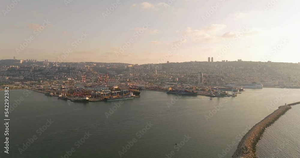 Aerial view of Haifa Port docks with Container ships, Holding platform and general cargo ships Aerial view of Haifa Port docks with Container ships, Holding platform and general cargo ships