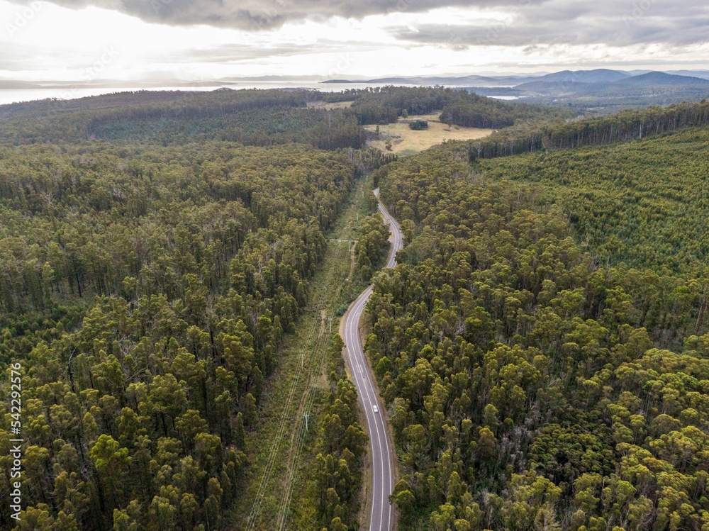 Naklejka premium Aerial view of a highway road between forest trees in Tasmania, Australia with sunset sky