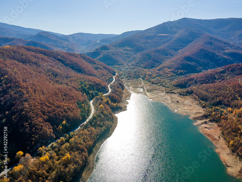 Aerial view of Bebresh reservoir at Vitinya Pass, Bulgaria photo