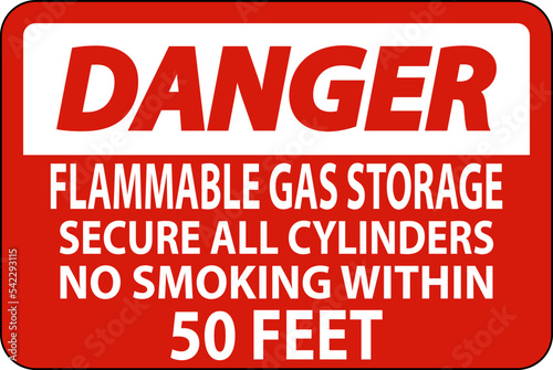 Danger Sign Flammable Gas Storage  Secure All Cylinders  No Smoking Within 50 Feet