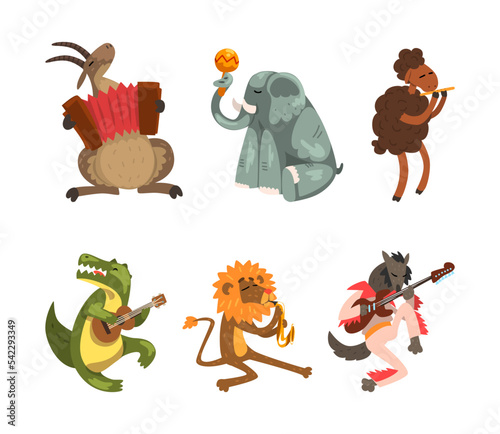 Funny Animal Character Playing Different Musical Instrument Performing Concert Vector Set