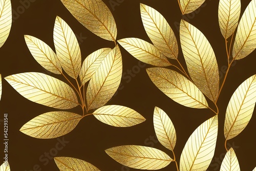 Baroque wallpaper. Seamless 2d illustrated background of ornate decorative gold leaves in art deco style. Damascus