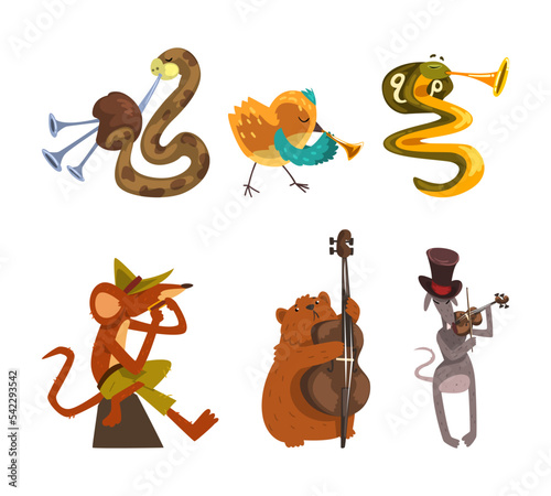 Funny Animal Character Playing Different Musical Instrument Performing Concert Vector Set