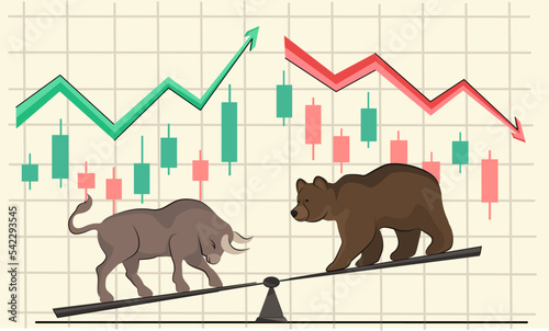 the superiority of the bear over the bull in the fight for a downtrend, on the scales as an illustration of the stock market. graph with an arrow down up cryptocurrency. stock exchange vector banner