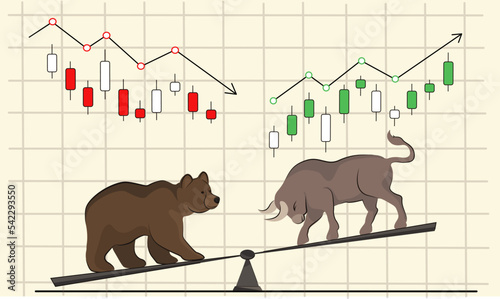 superiority of bulls over bears in the struggle for an uptrend, on scales as illustration of the stock market. a graph with up down arrow  cryptocurrency stock exchange vector banner