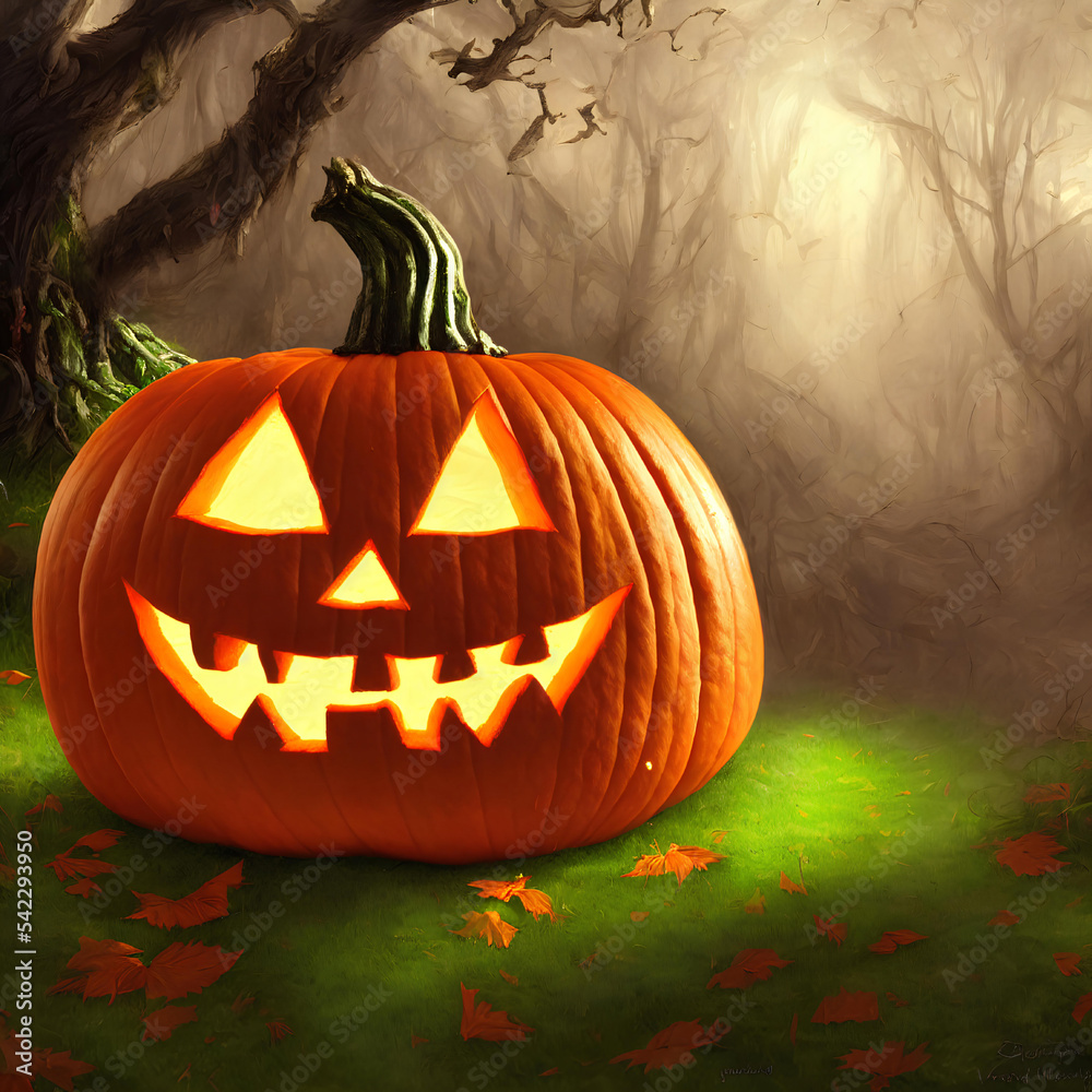 An Illustration of a pumpkin jack-o'-lantern in a dark forest An Illustration of a pumpkin jack-o'-lantern in a dark forest