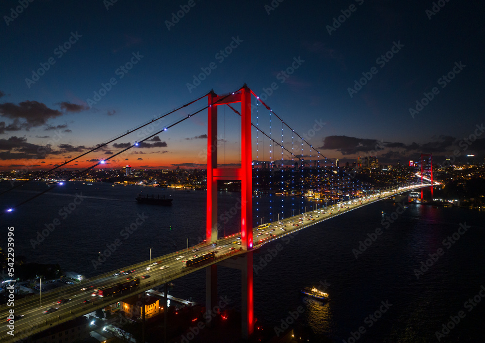 15 July Martyrs Bridge Night Drone Photo, Beylerbeyi Uskudar, Istanbul Turkey
