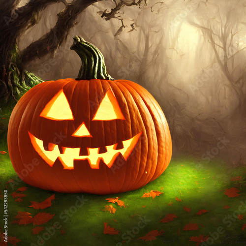 An Illustration of a pumpkin jack-o'-lantern in a dark forest