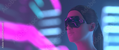 Virtual reality - face and virtual reality device close up, computer generated young woman on foreground, stylized purple and blue city buildings in background. Widescreen version.