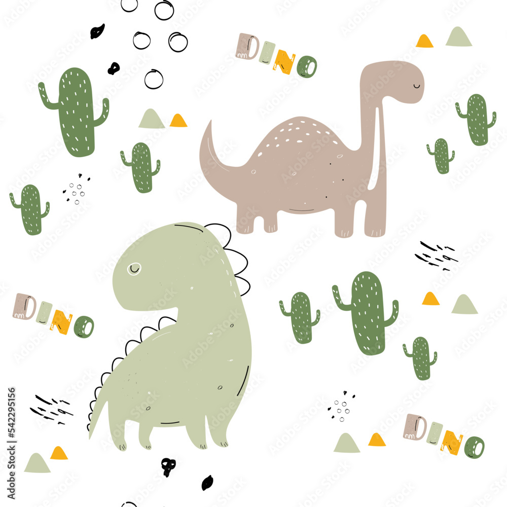 Vector hand-drawn colored seamless repeating childrens pattern with cute dinosaurs and cacti in Scandinavian style on white background. Children's pattern with dinosaurs. Cute baby animals. Dino.