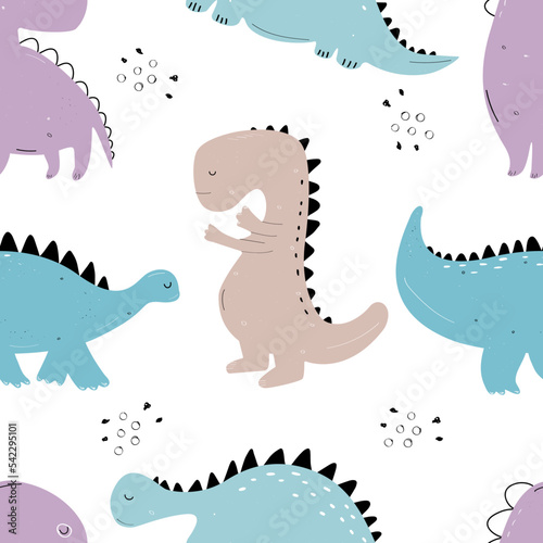 Vector hand-drawn colored seamless repeating children pattern with cute dinosaurs in Scandinavian style on a white background. Baby pattern with dinosaurs. Cute baby animals.