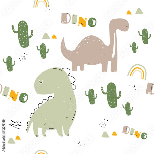 Vector hand-drawn colored seamless repeating childrens pattern with cute dinosaurs and cacti in Scandinavian style on white background. Children s pattern with dinosaurs. Cute baby animals. Dino.