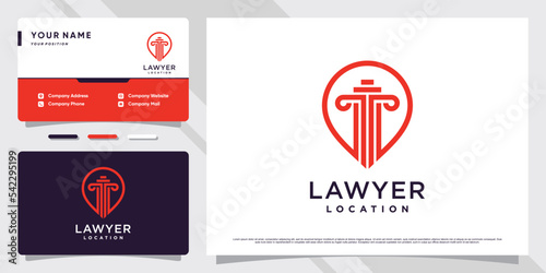 Lawyer location logo design with pin concept and business card template