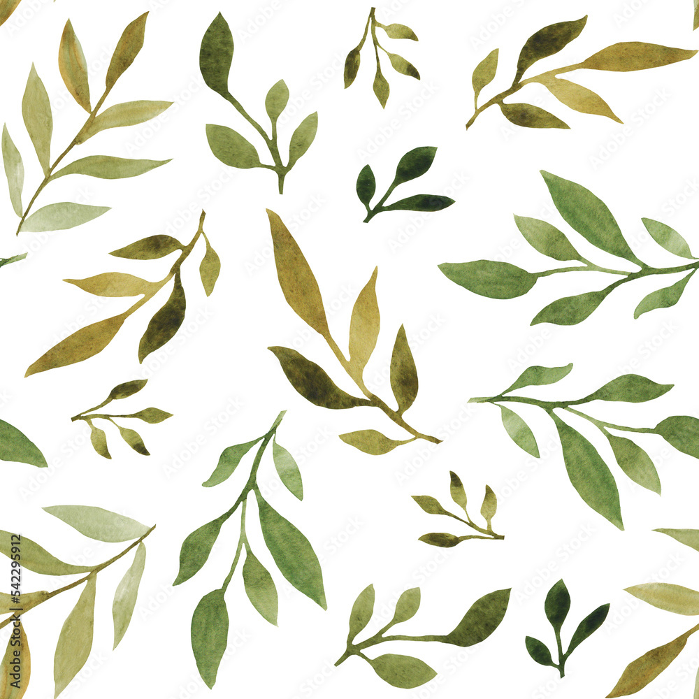 watercolor seamless pattern with dry and green leaves. For printing on paper, packaging, textiles, banners, brochures. Template for design. Rustic, botanical style. Leaf fall, autumn and spring.