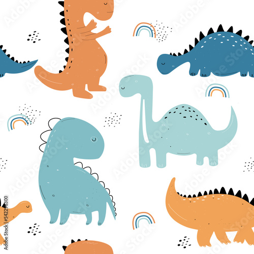 Vector hand-drawn colored seamless repeating childrens pattern with cute dinosaurs with a rainbow in Scandinavian style on white background. Children s pattern with dinosaurs. Cute baby animals. Dino.