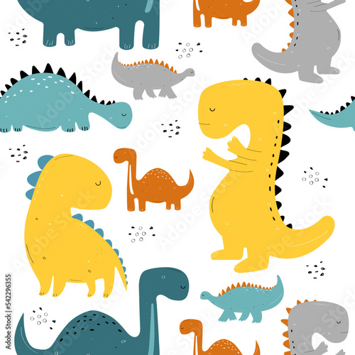 Vector hand-drawn colored seamless repeating children pattern with cute dinosaurs in Scandinavian style on a white background. Baby pattern with dinosaurs. Cute baby animals.