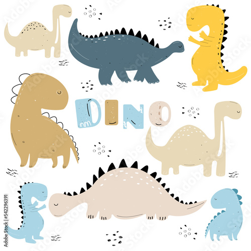 Fototapeta Naklejka Na Ścianę i Meble -  Dinosaurs vector set in cartoon scandinavian style. Colorful cute baby illustration is ideal for a children's room.