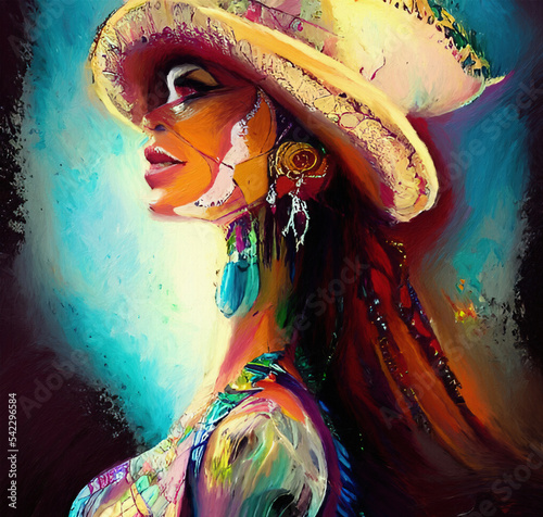 Spanish or mexican traditional stylish woman portrait, digital drawing with watercolor, oil, acrylic mixed style imitation. Modern contemporary art. Good as wall art print, poster, backdrop design