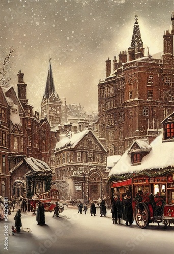 Historical London Christmas cityscape Victorian antique vintage era