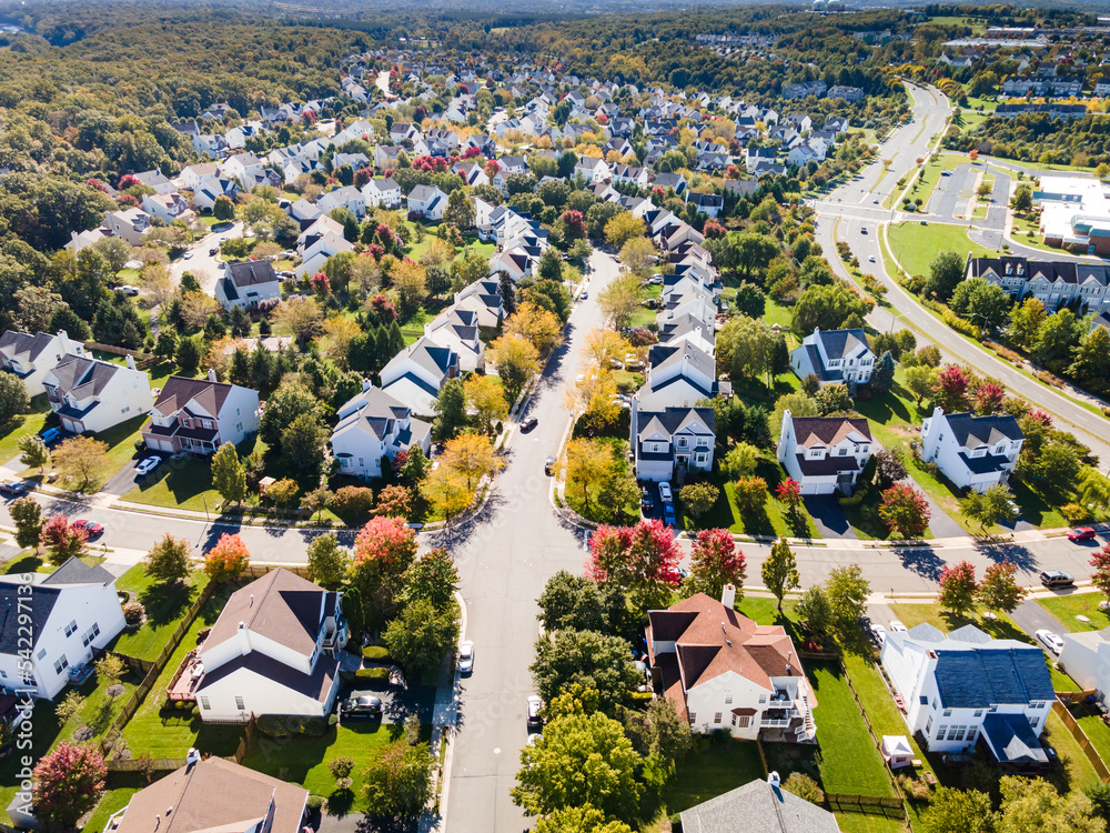 Panorama of the streets of modern single-family houses of the upper and middle class. American real estate in Virginia USA. Drone view.