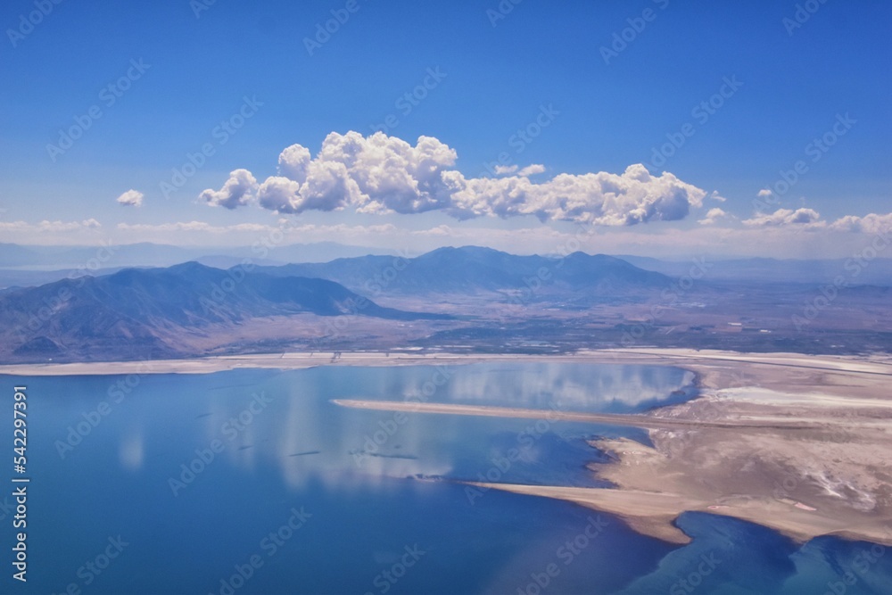 Great Salt Lake, Aerial views of the lake and surrounding landscape. Salt Lake City, Utah, America.