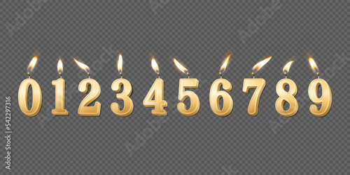 Vector 3d Realistic Paraffin or Wax Burning Golden Birthday Party Candles, Numbers and Different Flame of a Candle Icon Set Isolated. Design Template, Clipart, Birthday Concept. Top View