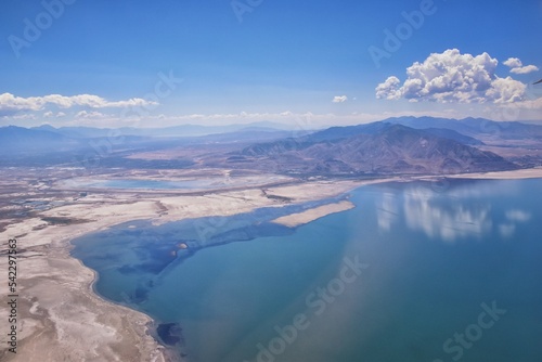 Great Salt Lake, Aerial views of the lake and surrounding landscape. Salt Lake City, Utah, America. © Jeremy