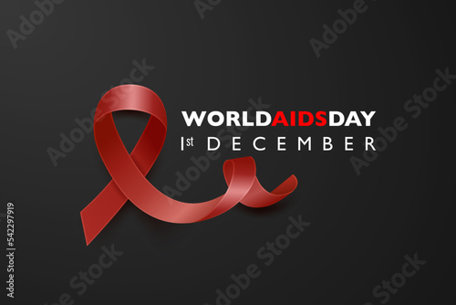 World AIDS Day Banner - Aids Awareness Red Silk Ribbon on Black Horizontal Background. Aids Day Concept. Design Template for 1st December Poster, Placard, Card, Aids Awareness