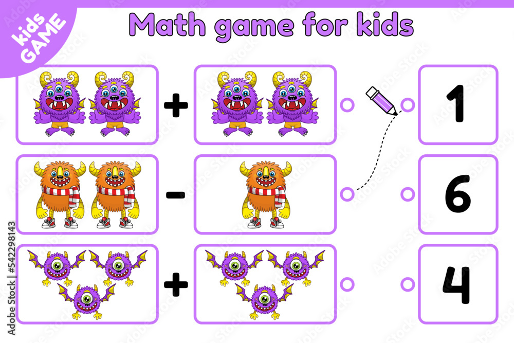 Math educational game for children. Addition and subtraction. Count and choose the correct answer. Vector illustration of cartoon monsters.