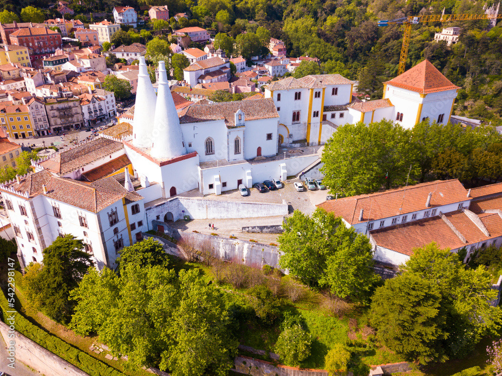 National Palace of Sintra. Panoramic view from drone. Portugal. High quality photo
