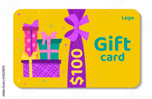 Colorful gift voucher with pile of presents boxes and a bow. Loyalty program, customer gift reward bonus card. Template for gift coupon, certificate, invitation, ticket or banners. Vector