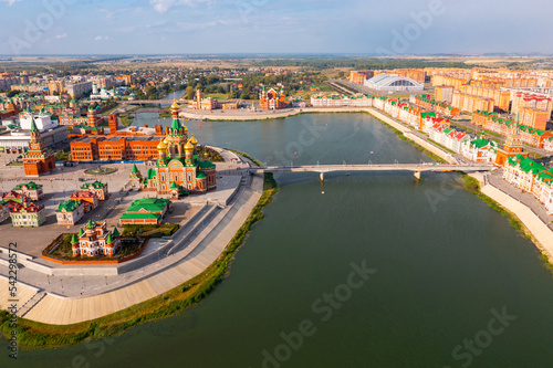 Aerial photo of Yoshkar-Ola, Mari El Republic, Russia. Cathedral of the Annunciation of the Blessed Virgin Mary and Spasskaya Tower visible from above.
