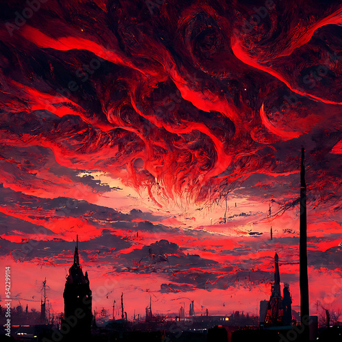 Cyberpunk city with a red cloudy sky