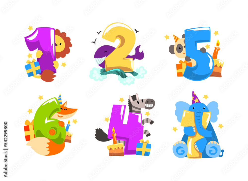 Fototapeta premium Birthday Anniversary Numbers with Cute Animals Vector Set
