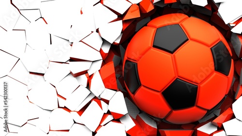 Black-orange soccer ball breaking with great force through white-orange illuminated wall under spot light background. 3D high quality rendering. 3D illustration. 3D CG.