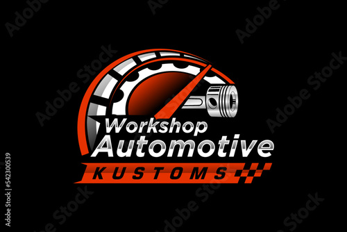 Automotive piston workshop logo design speedo meter badge style custom car service engine tune up icon symbol illustration