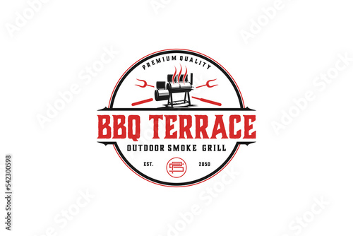 Offset Barrel smoker bbq grill logo design, drum smoker silhouette barbecue fork utensil bbq tool restaurant