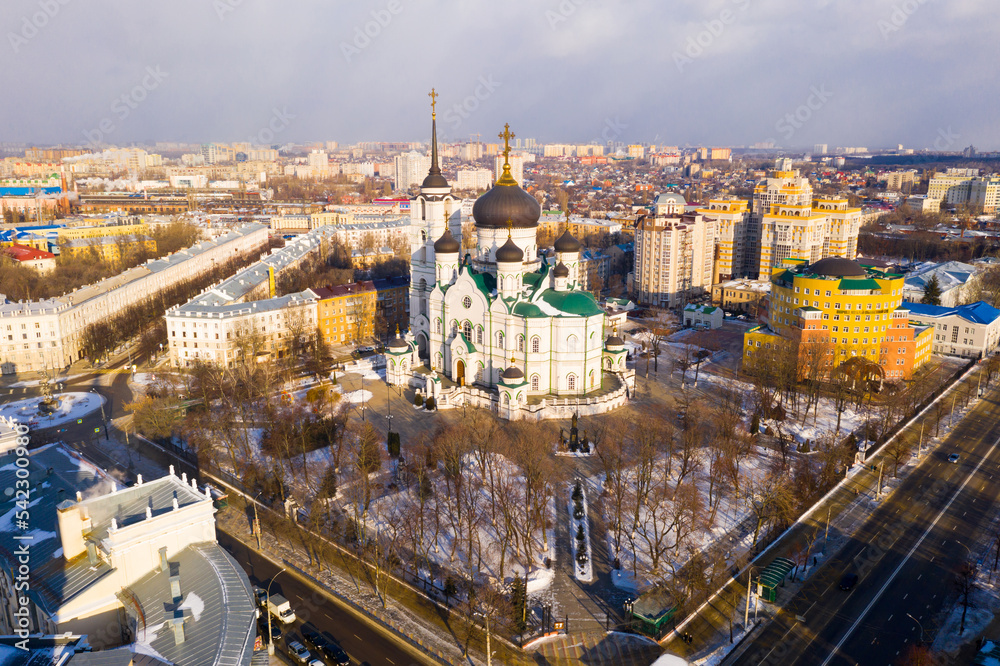 Aerial view of the Annunciation Cathedral and residential areas in the city center in winter in Voronezh, Russia