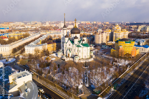 Aerial view of the Annunciation Cathedral and residential areas in the city center in winter in Voronezh, Russia