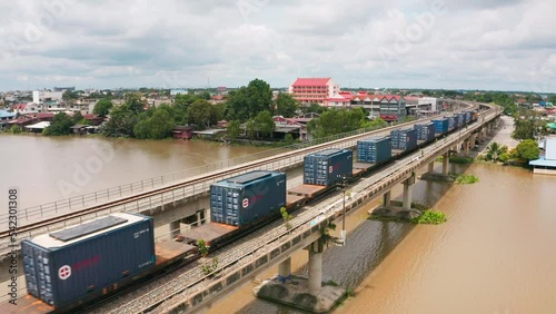 Aerial view Freight Train Carrier Container to container Port for Transportation concept.