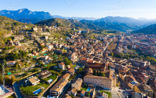 top view of landscape with buildings and mountains in Berga in Spain