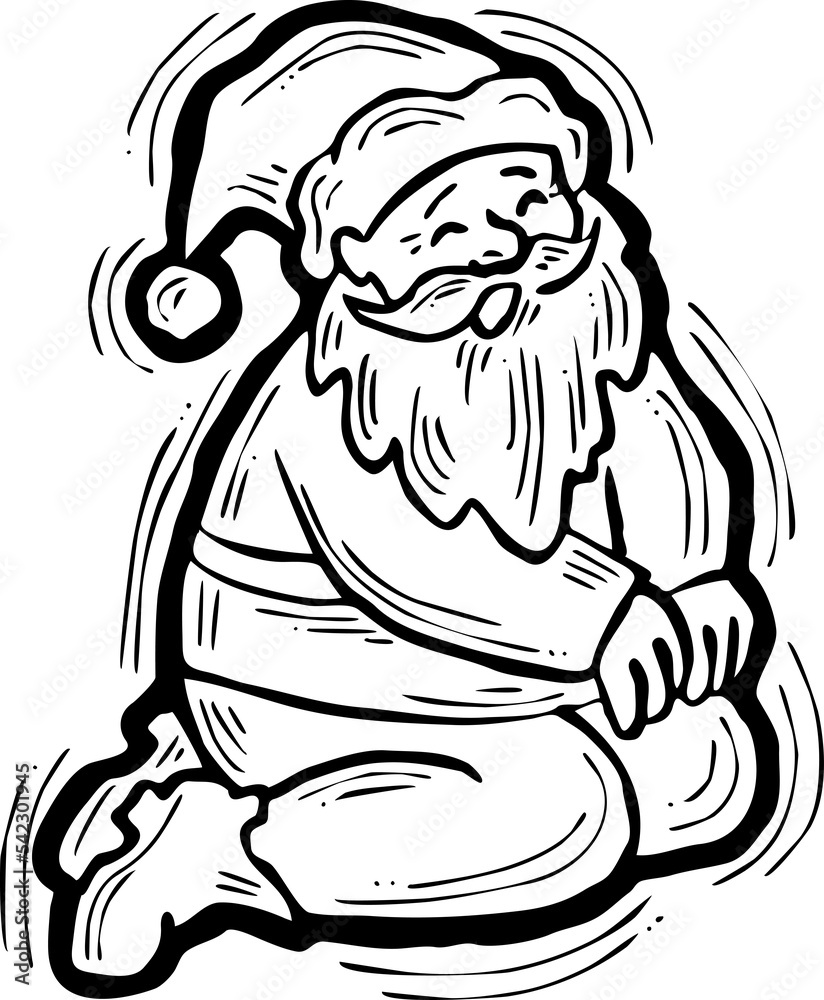 Obraz premium Funny Santa Claus sitting, hand drawn cartoon character, comic personage illustration. Decorative element for poster print, Christmas party invitation, postcard design. Traditional winter celebration.